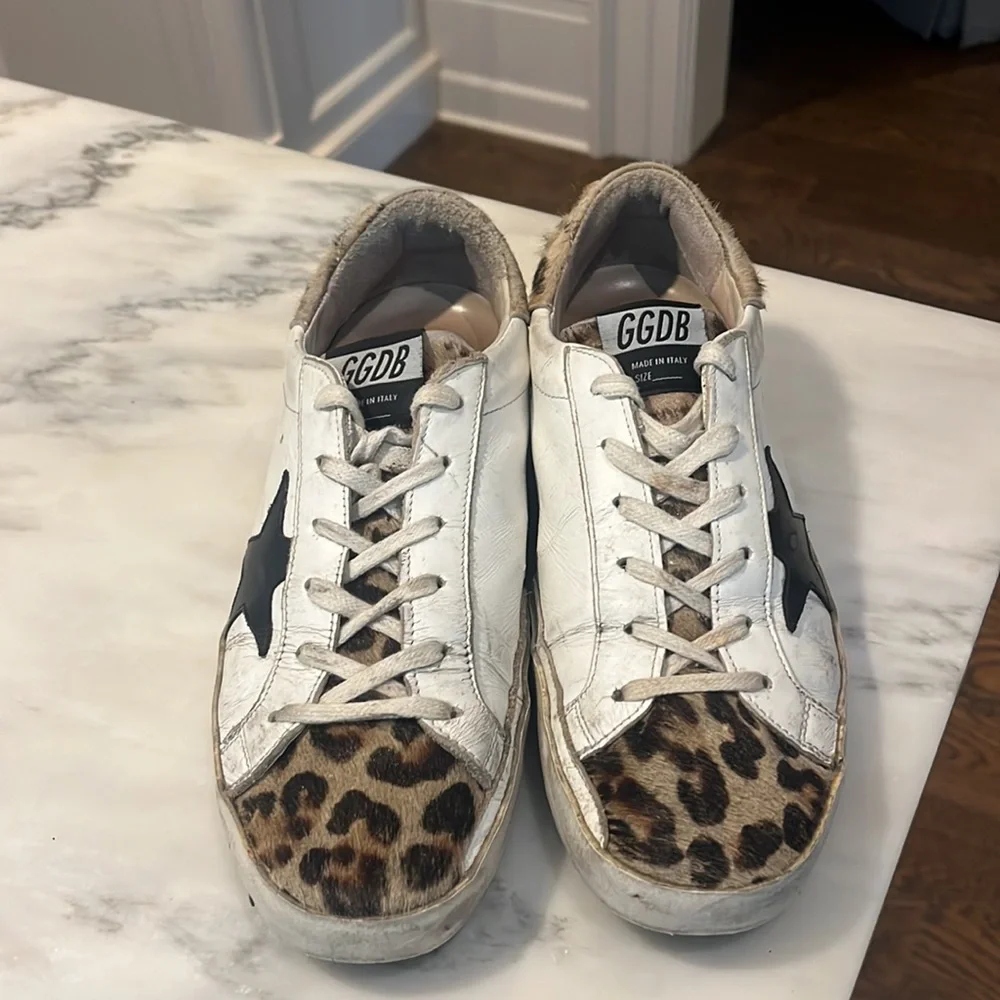 Golden Goose White Leather Sneakers with Leopard Toe and Black Star